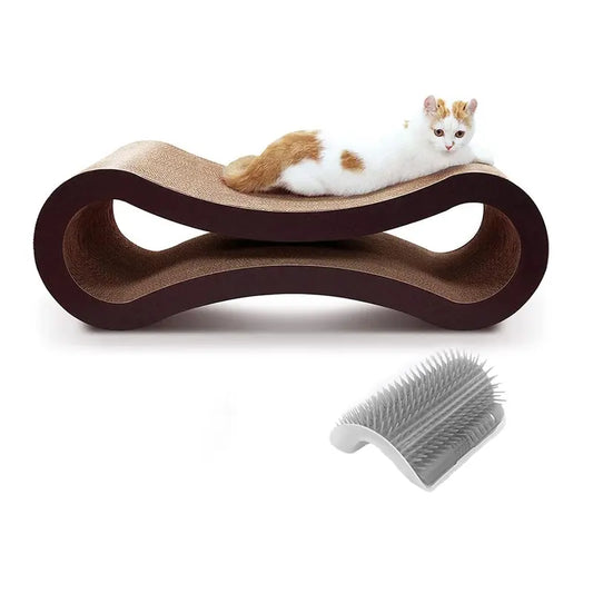 Scratchme Cat Scratching Post Lounge Bed, Cat Scratcher Cardboard Board Pad and Groomer Brush, Infinity Shape, Curved