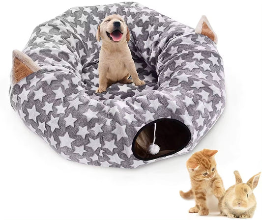 Cat Dog Tunnel Bed with Cushion Tube Toys Oxford Cloth Large Diameter Longer Crinkle Collapsible 3 Way for Cats